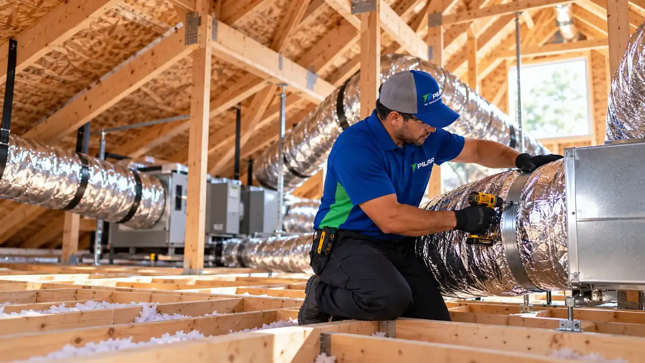 A Pilar Services technician kneeling on attic joists, fastening an insulated duct to a metal plenum