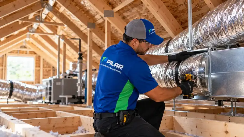 A Pilar Services technician in an attic clamping an insulated flexible duct to a sheet-metal plenum