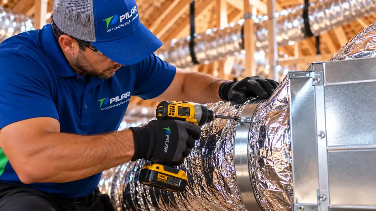 Close-up of a Pilar Services technician in branded gloves drilling a duct collar to a metal fitting