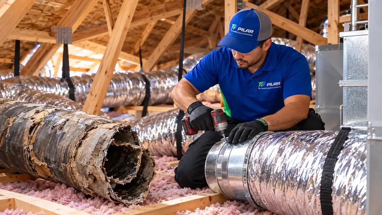 A Pilar Services technician fastening a new insulated duct in an attic, torn old duct beside him