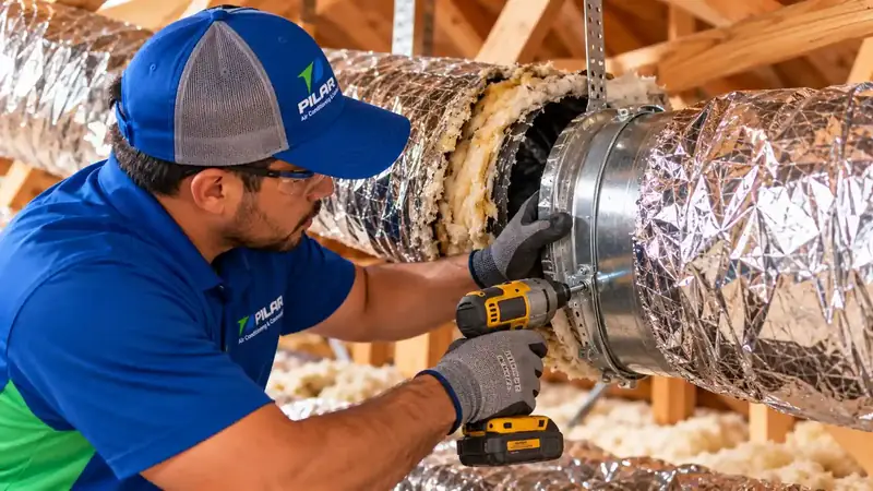 Close-up of a Pilar Services technician drilling a new duct collar beside torn old duct insulation
