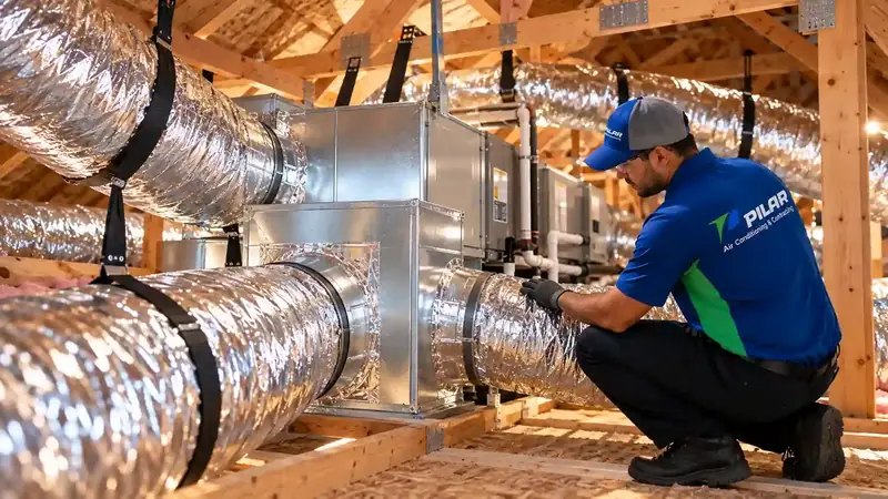 A Pilar Services technician fitting a new insulated flexible duct to a sheet-metal plenum