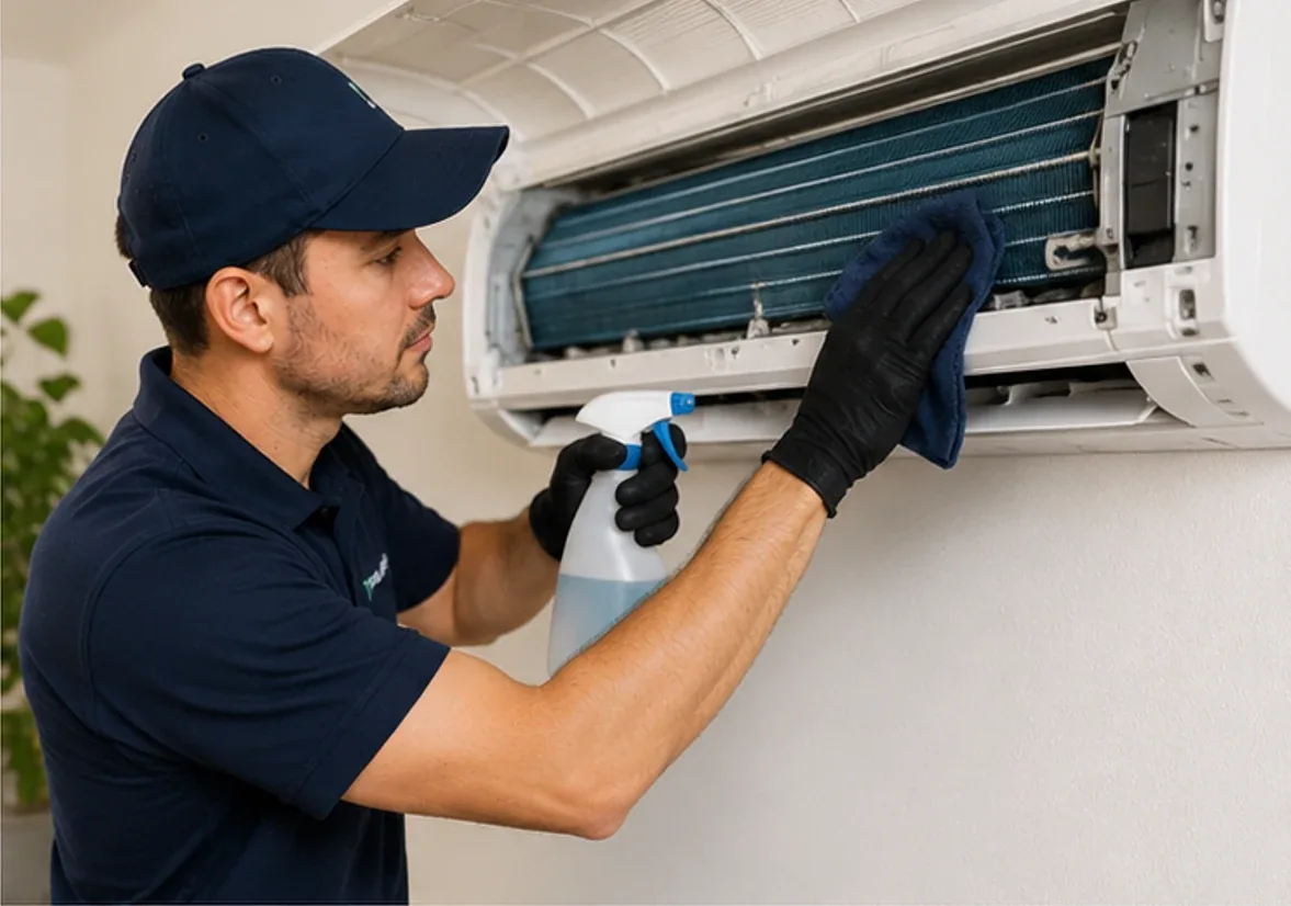 Pilar Services technician cleaning a home A/C evaporator coil