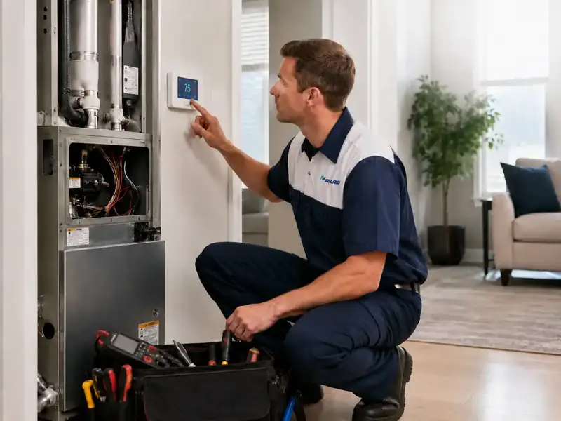 Pilar Services technician adjusting a home smart thermostat