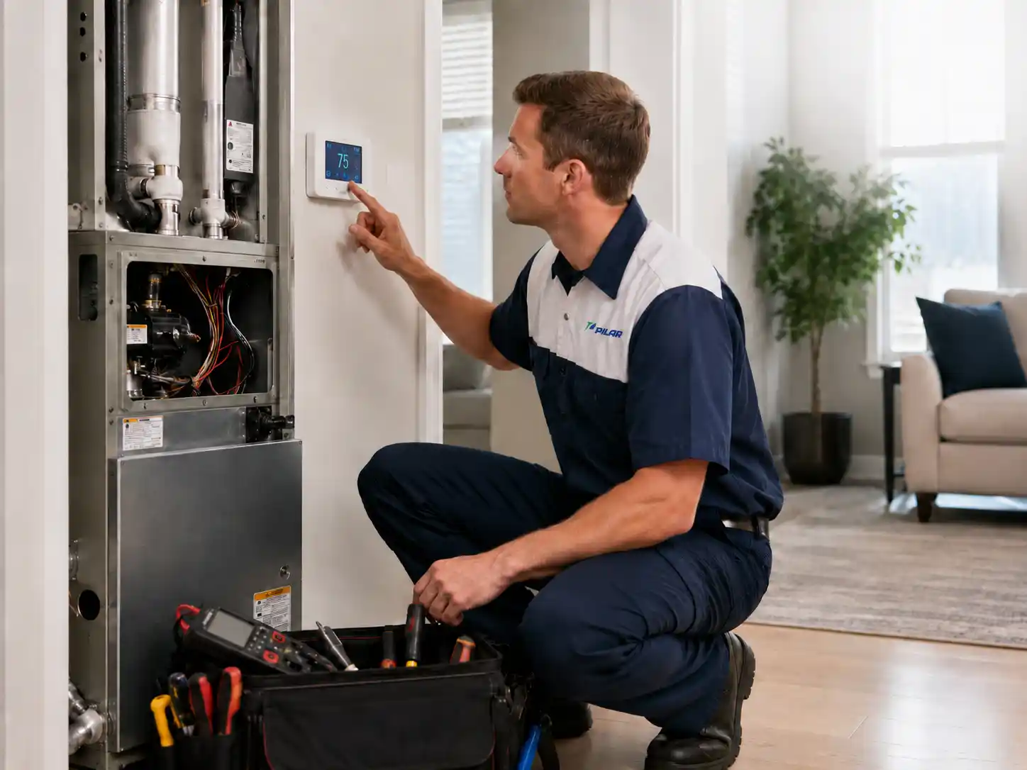 Pilar Services technician adjusting a home smart thermostat