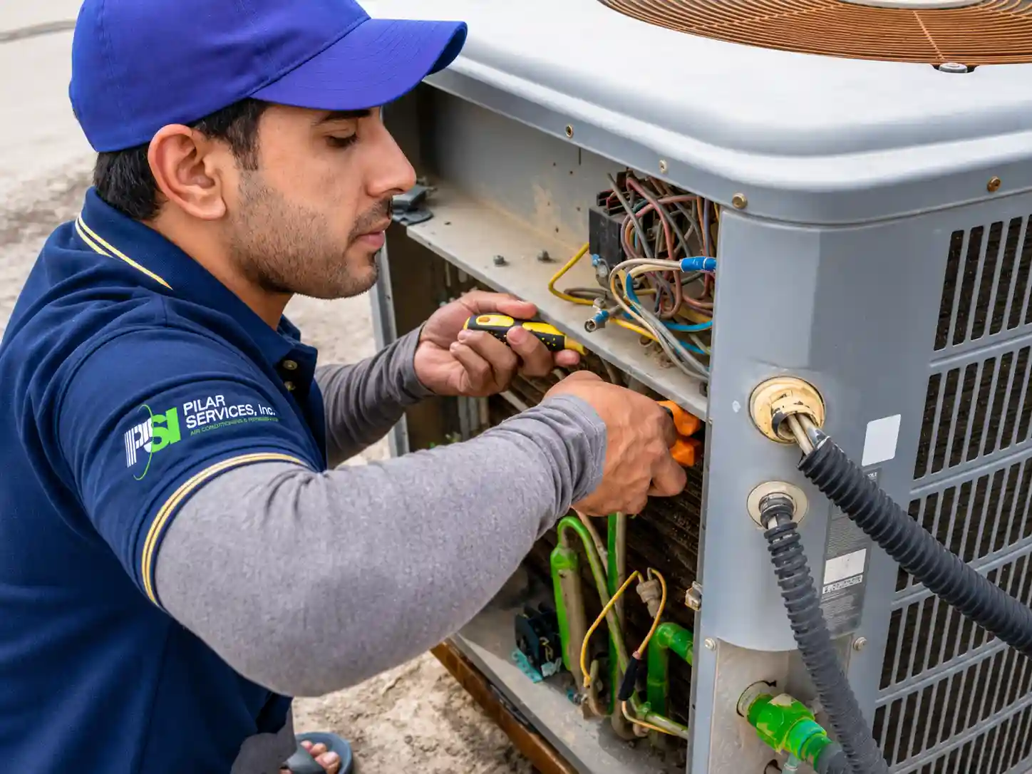 Pilar Services technician servicing an outdoor A/C condenser